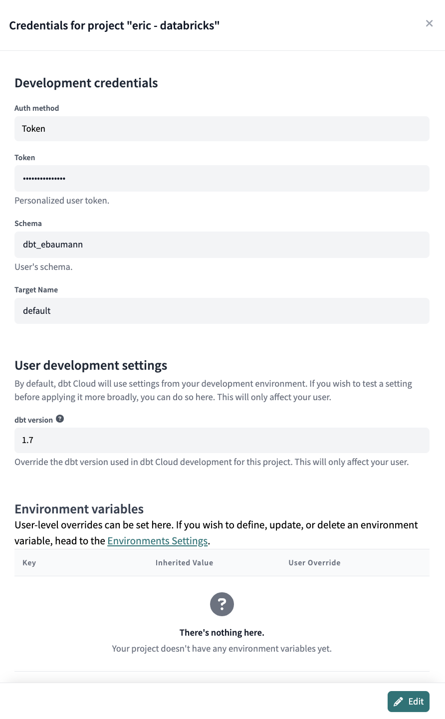 Example of overriding the dbt version on your user account